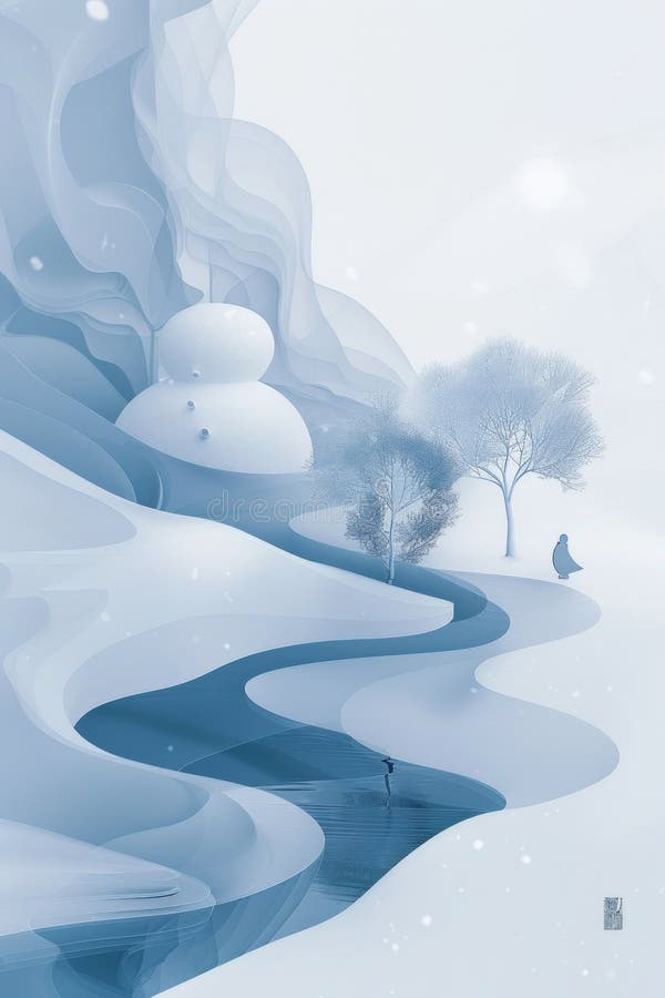 Illustrazione minimalista di un paesaggio invernale sereno con un fiume torrenziale che attraversa colline ricoperte di neve e immagine stock libera da diritti