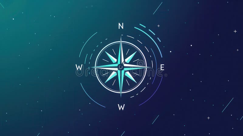 Illustrazione minimalista semplice di una bussola con linee pulite su sfondo blu scuro con stelle bianche. questo progetto fotografia stock libera da diritti