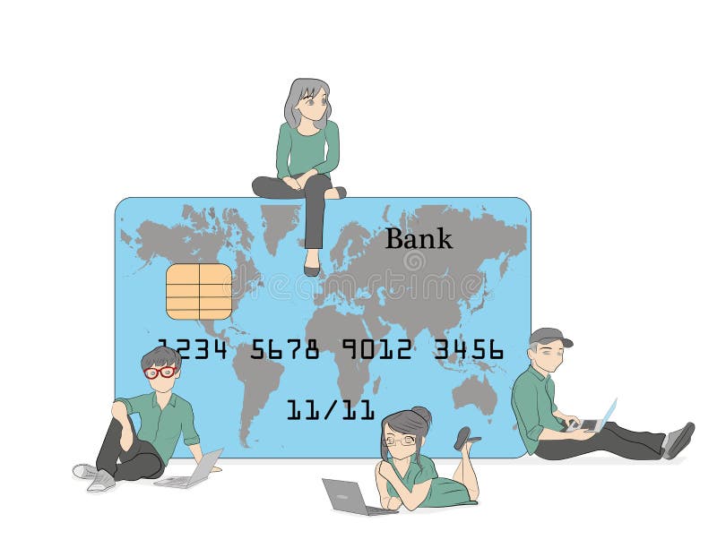 Illustrazione mobile di concetto di attività bancarie della gente che sta le carte di credito vicine e che per mezzo dello Smart illustrazione di stock Illustrazione mobile di concetto di attività bancarie della gente che sta le carte di credito vicine e che per mezzo dello Smart illustrazione di stock