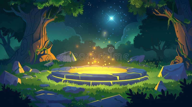 Modern illustration of an ancient celtic round stone platform or game battle podium in a forest at night with light equipment. A forest landscape with trees and an old abandoned sacred altar game. AI generated. Modern illustration of an ancient celtic round stone platform or game battle podium in a forest at night with light equipment. A forest landscape with trees and an old abandoned sacred altar game. AI generated