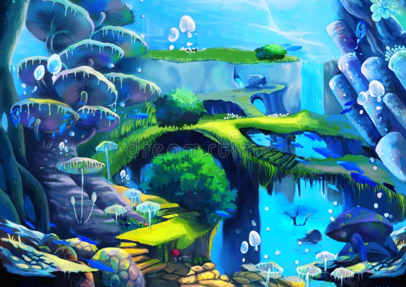 Illustrazione: Mondo subacqueo: Cascata sotto il mare; Pesce volante; Ponte; Scale di pietra illustrazione di stock Illustrazione: Mondo subacqueo: Cascata sotto il mare; Pesce volante; Ponte; Scale di pietra illustrazione di stock
