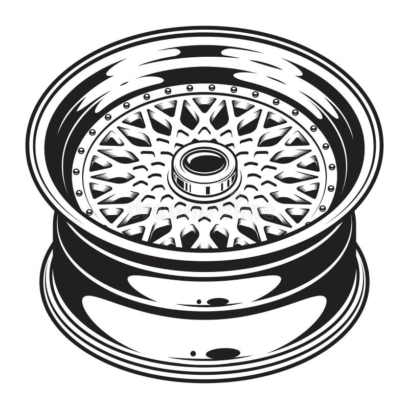 Isolated monochrome illustration of car wheel rim on white background. Isolated monochrome illustration of car wheel rim on white background