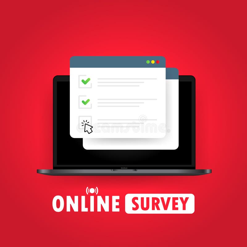 Illustrazione online di indagine. Forma online della lista di controllo sul computer portatile. Relazione sulla lista di controllo illustrazione di stock