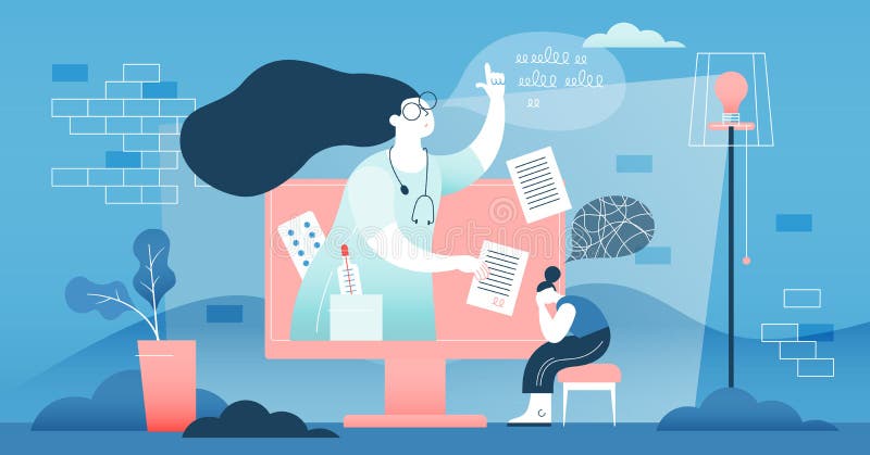 Illustrazione online di vettore di medico Concetto medico minuscolo piano delle persone di aiuto illustrazione di stock Illustrazione online di vettore di medico Concetto medico minuscolo piano delle persone di aiuto illustrazione di stock