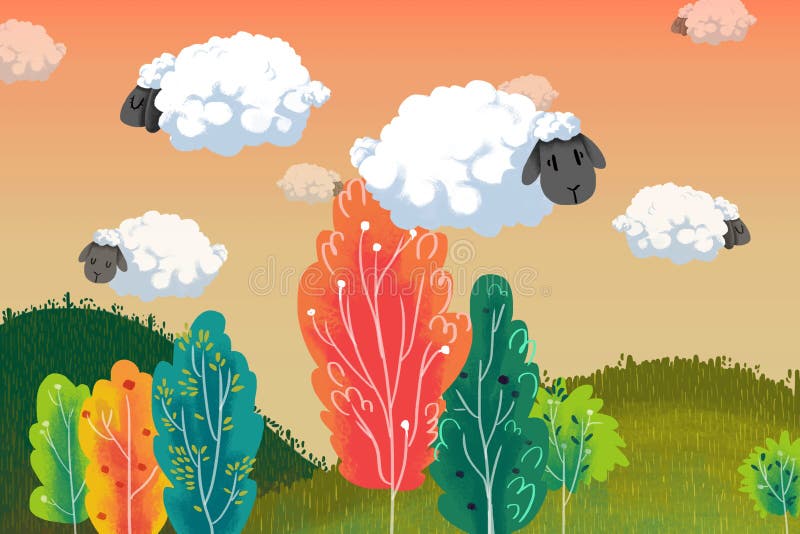 Illustrazione per i bambini: Galleggiante della nuvola delle pecore sopra gli alberi variopinti illustrazione di stock Illustrazione per i bambini: Galleggiante della nuvola delle pecore sopra gli alberi variopinti illustrazione di stock