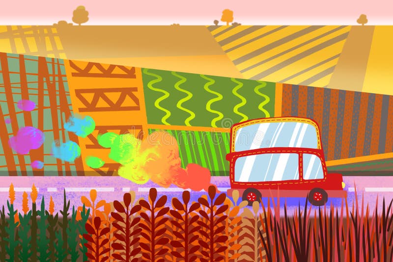 Illustrazione per i bambini: Il piccolo funzionamento felice dell'automobile nei campi variopinti illustrazione di stock Illustrazione per i bambini: Il piccolo funzionamento felice dell'automobile nei campi variopinti illustrazione di stock