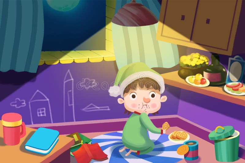 Illustrazione per i bambini: Il ragazzo affamato ottiene fino a ruba un certo alimento alla notte, ma è stato preso nella Legge! illustrazione di stock Illustrazione per i bambini: Il ragazzo affamato ottiene fino a ruba un certo alimento alla notte, ma è stato preso nella Legge! illustrazione di stock