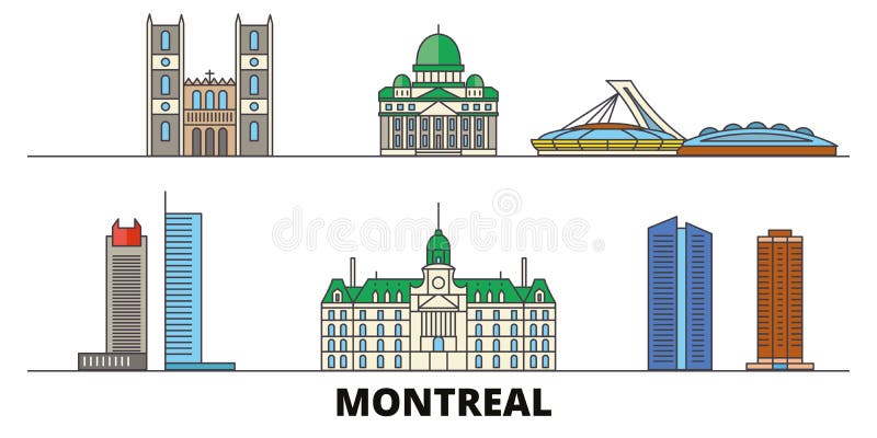 Illustrazione piana di vettore dei punti di riferimento del Canada, Montreal Linea città con le viste famose di viaggio, orizzont illustrazione di stock Illustrazione piana di vettore dei punti di riferimento del Canada, Montreal Linea città con le viste famose di viaggio, orizzont illustrazione di stock