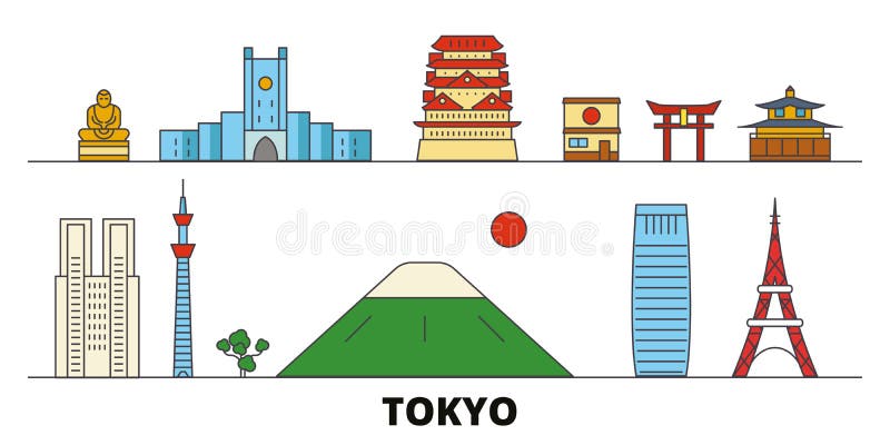 Illustrazione piana di vettore dei punti di riferimento del Giappone, Tokyo Linea città con le viste famose di viaggio, orizzonte