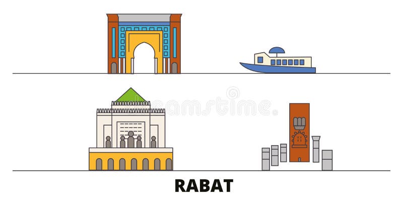 Illustrazione piana di vettore dei punti di riferimento del Marocco, Rabat Linea città con le viste famose di viaggio, orizzonte, royalty illustrazione gratis Illustrazione piana di vettore dei punti di riferimento del Marocco, Rabat Linea città con le viste famose di viaggio, orizzonte, royalty illustrazione gratis