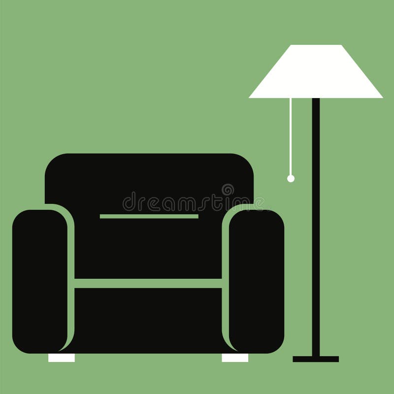 Illustrazione piana di vettore Icona della mobilia Sedia comoda con una lampada di pavimento