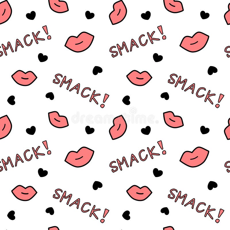 Illustrazione senza cuciture bianca e rossa nera del fondo del modello con i cuori delle labbra e le parole di bacione illustrazione di stock Illustrazione senza cuciture bianca e rossa nera del fondo del modello con i cuori delle labbra e le parole di bacione illustrazione di stock