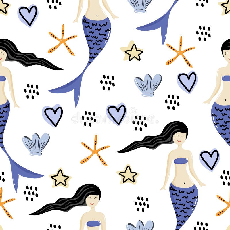Illustrazione senza cuciture di vettore del modello del disegno sveglio della sirena pronta per i bambini e la stampa di modo del illustrazione vettoriale Illustrazione senza cuciture di vettore del modello del disegno sveglio della sirena pronta per i bambini e la stampa di modo del illustrazione vettoriale