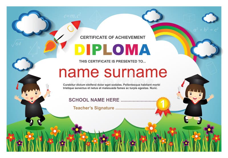 Illustrazione variopinta di vettore del modello di progettazione del fondo del certificato del diploma dei bambini della scuola m illustrazione di stock Illustrazione variopinta di vettore del modello di progettazione del fondo del certificato del diploma dei bambini della scuola m illustrazione di stock
