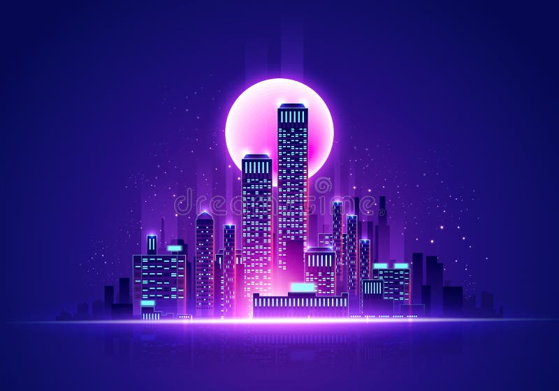 Illustrazione Vector Neuristic Neon Glow Skyline Cyber Cityscape In Colori Di Catrame illustrazione di stock