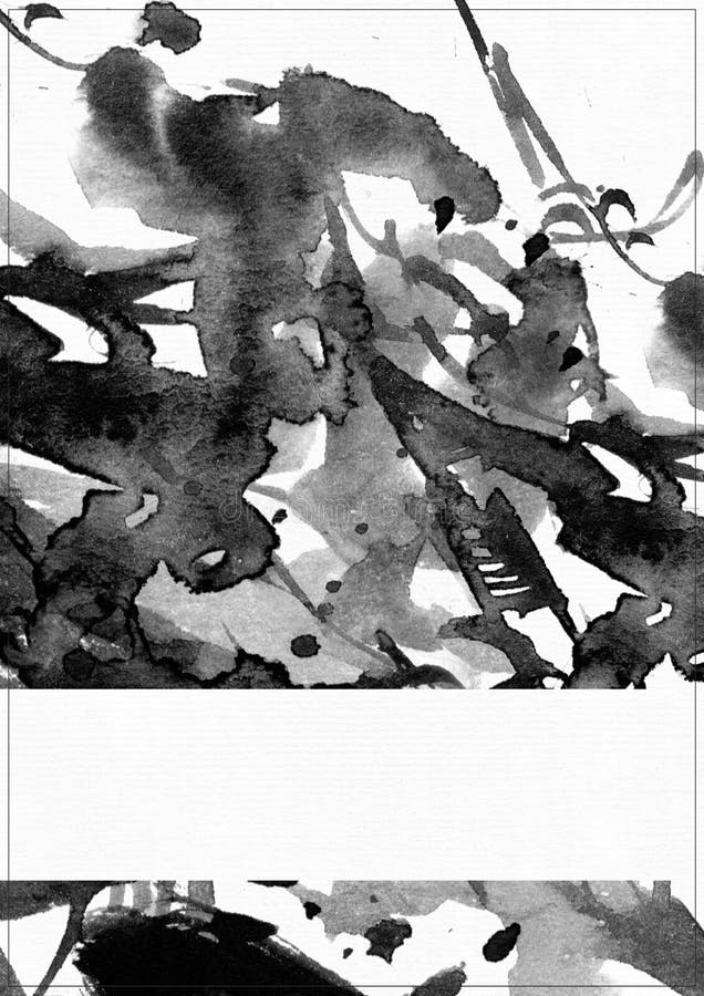 Illustrazione verticale del quadro televisivo sulla carta bianca dell'acquerello L'inchiostro liquido nero spruzza, sgorbio e sba