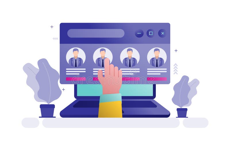 Illustrazione vettoriale della selezione dei profili online sullo schermo del computer con Avatar utente illustrazione vettoriale