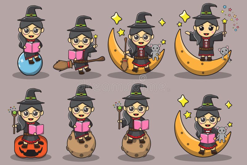 Illustrazione vettoriale di ragazze carine in un pacchetto di costumi da strega. illustrazione vettoriale