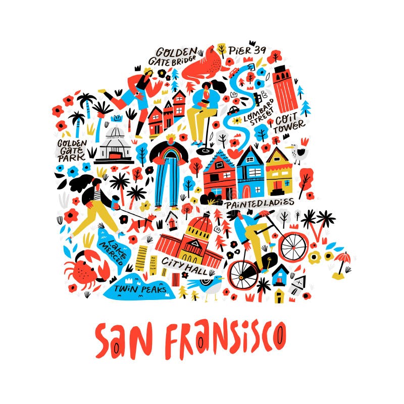 Illustrazione vettoriale disegnata a mano piatta sulla mappa a fumetti di San Francisco