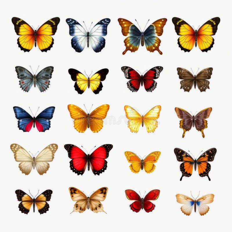 Illustrazione vettoriale iperrealistica delle farfalle colorate su fondo trasparente. Una collezione di farfalle vibranti in diversi colori, tra cui indigo rosso chiaro e chiaro scuro e giallo. queste illustrazioni iperrealistiche ispirate ad artisti come mona hatoum bess hamiti lesser ury e l'iconografia cinese sono splendidamente raffigurate in un formato vettoriale. le farfalle sono isolate su uno sfondo bianco creando un'immagine visivamente impressionante e accattivante. prodotto ai