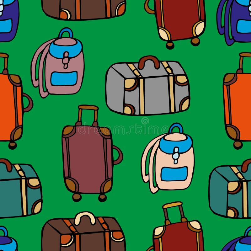 Valigie con oggetti da viaggio e mappa su sfondo a colori Foto stock - Alamy