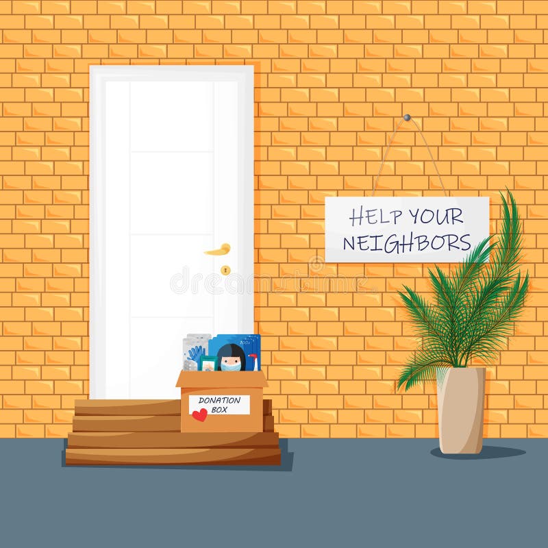 Vector illustration of helping your neighbors in quarantine. Charity concept of donation box with medical face mask and medicine.Outdoor interior with door, brick wall, plant in cartoon flat style. Vector illustration of helping your neighbors in quarantine. Charity concept of donation box with medical face mask and medicine.Outdoor interior with door, brick wall, plant in cartoon flat style