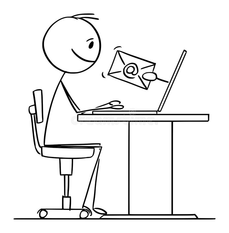 Illustrazione vignetta vettoriale di un uomo o un uomo d'affari che lavora su computer e riceve e-mail
