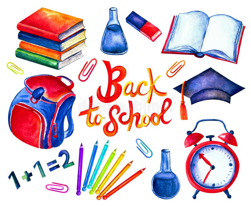 Illustrazioni dell'acquerello messe di nuovo a scuola Materie d'insegnamento isolate su fondo bianco Illustrazione disegnata a ma illustrazione vettoriale Illustrazioni dell'acquerello messe di nuovo a scuola Materie d'insegnamento isolate su fondo bianco Illustrazione disegnata a ma illustrazione vettoriale