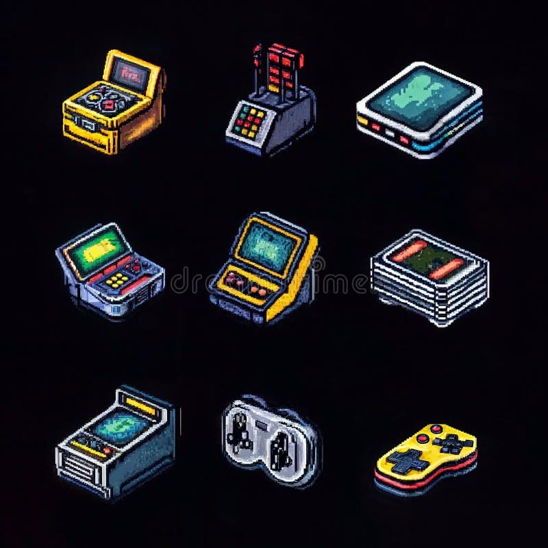 Illustrazioni di pixel art di vari dispositivi per videogame, incluse cartucce per controller e console palmari. ideale per le produzioni di videogiochi