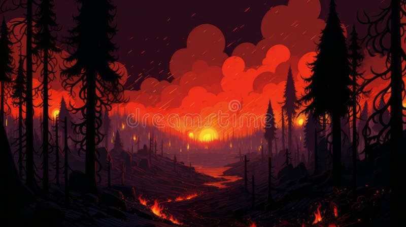 Illustrazioni iperdettagliate della foresta antincendio rossa in stile 8 bit illustrazione di stock
