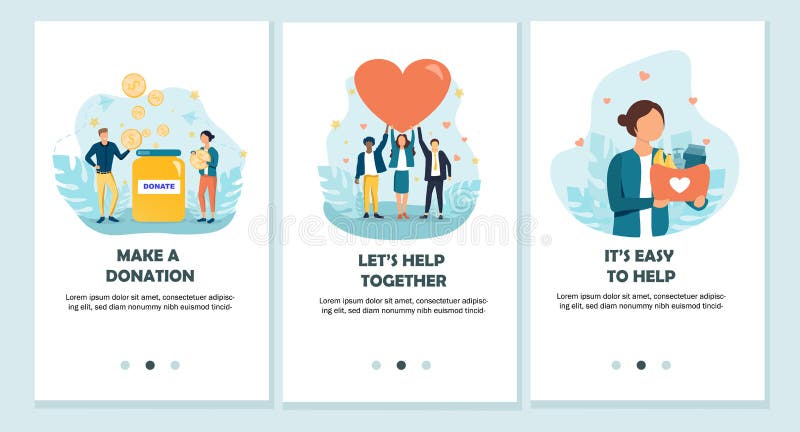 Make a donation, Let`s help together and It`s easy to help concepts. Flat vector illustration. Make a donation, Let`s help together and It`s easy to help concepts. Flat vector illustration.