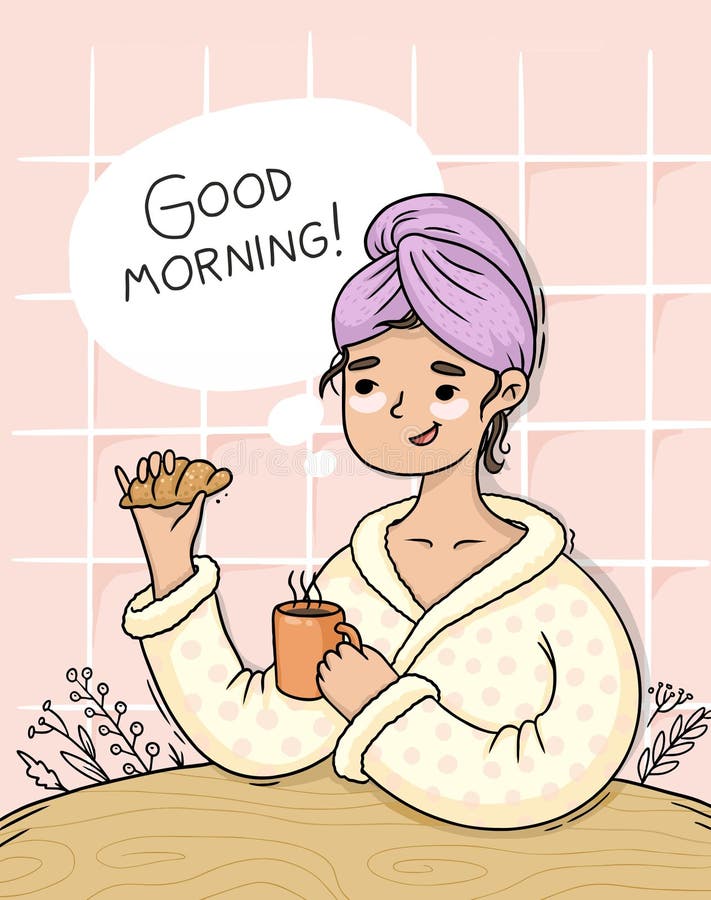 Illustrera god morgonflicka i handduk med kaffe stock illustrationer