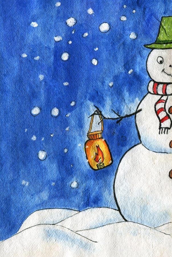 Illustrtion Watercolor Ευτυχής χιονάνθρωπος με ένα καπέλο επάνω και το μαντίλι, που κρατά ένα φανάρι με το κάψιμο του κεριού Μπλε απεικόνιση αποθεμάτων