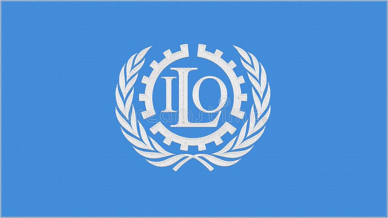 ILO - International Labor Organization embroidery flag. Emblem stitched fabric. Embroidered coat of arms. Country symbol textile