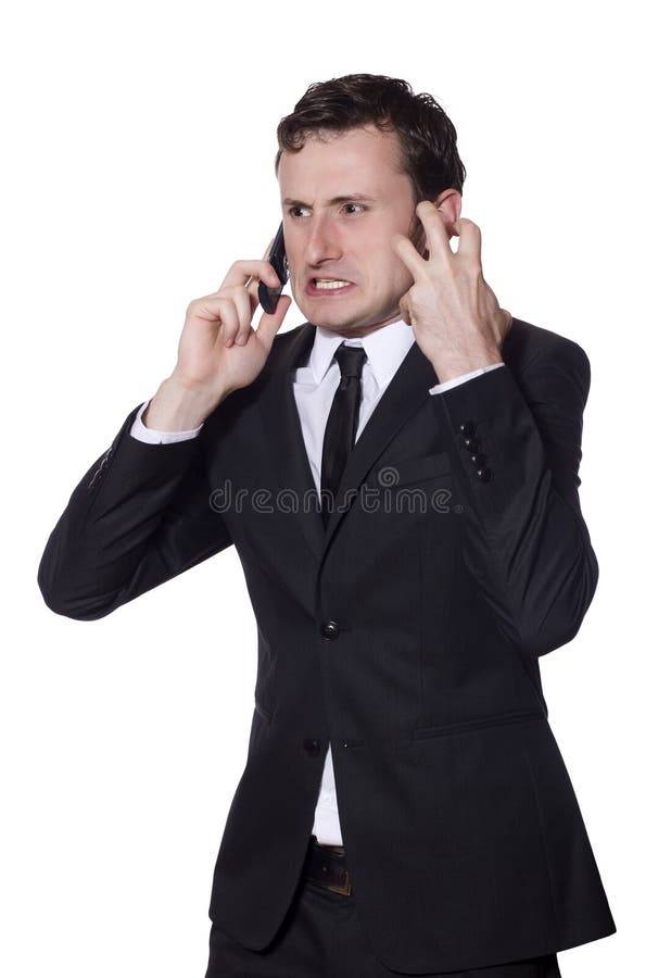 Businessman is angry yelling and screaming at the phone. Businessman is angry yelling and screaming at the phone