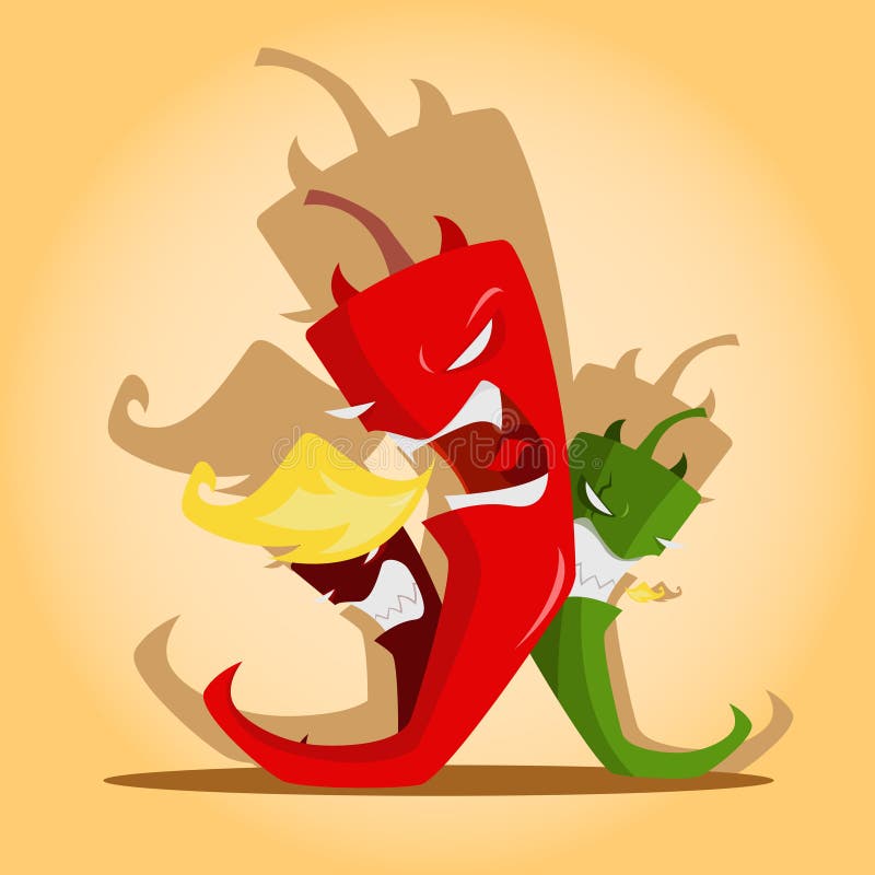 Illustration of angry hot red and green chili peppers with fire on gradient background. Illustration of angry hot red and green chili peppers with fire on gradient background.