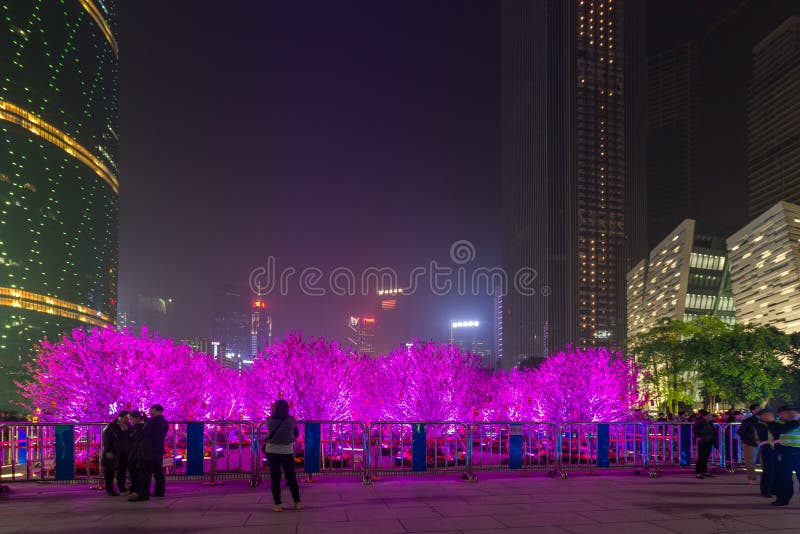 Iluminación vibrante colorida en árboles en China imagen de archivo Iluminación vibrante colorida en árboles en China imagen de archivo