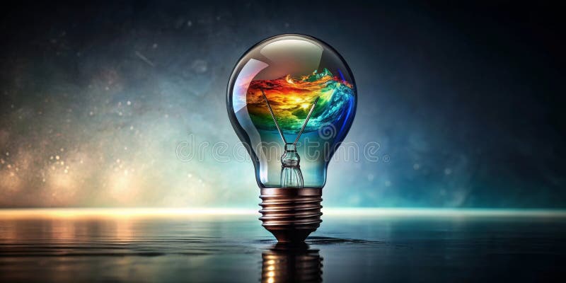 Iluminacja idei w świecie wibrującym wewnątrz szklanej żarówki odbijającej się na wodzie. Generacyjna AI royalty ilustracja