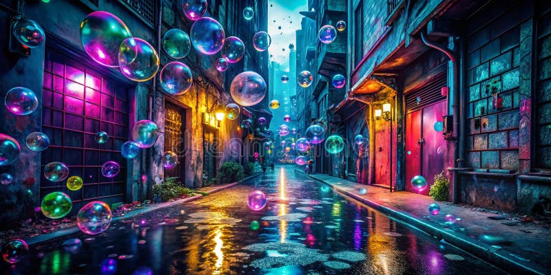 Iluminarea orașului A Strălucire Graffiti Art Explorarea unei Alei Urbane Întunecate Capturând Bulele Neonului royalty free stock photos