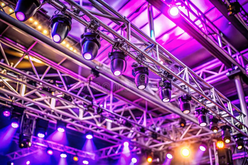 Iluminarea Uimitoare A Etapei Violet Iluminează Structura Complexă A Trussing Metal O Scenă De Concert Profund Detaliată royalty free illustration