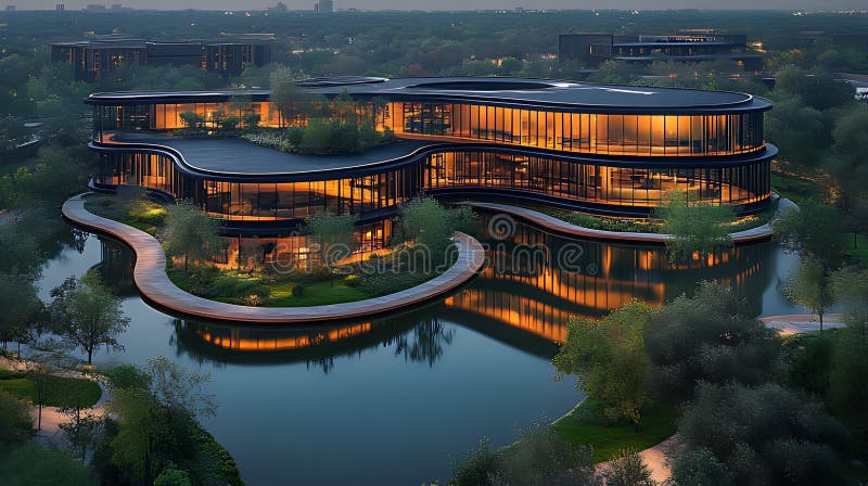 Iluminat modern campus clădire noapte parc aerian royalty free illustration