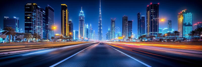 Iluminat peisaj urban modern la Twilight cu trăsături de lumină Dubai Emiratele Arabe Unite royalty free illustration