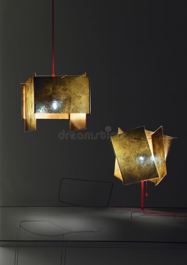 Two similar contemporary style lights, one hanging from the ceiling, the other on a stand on the floor. Simple drawing of a chair beneath the hanging lamp. Dark background. Two similar contemporary style lights, one hanging from the ceiling, the other on a stand on the floor. Simple drawing of a chair beneath the hanging lamp. Dark background.