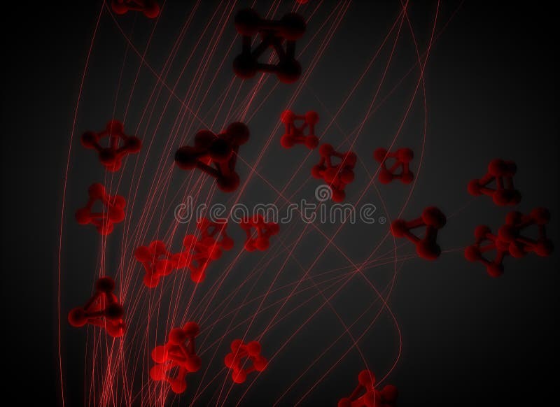 Iluminous molecules on a dark background. 3D rendering of a stream of abstract particles. Scientific molecule background royalty free illustration Iluminous molecules on a dark background. 3D rendering of a stream of abstract particles. Scientific molecule background royalty free illustration