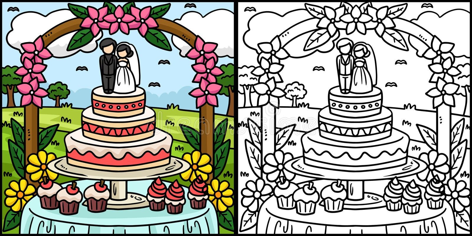 Desenho Colorido De Bolo De Casamento Ilustração do Vetor - Ilustração de  flor, alegria: 274658793
