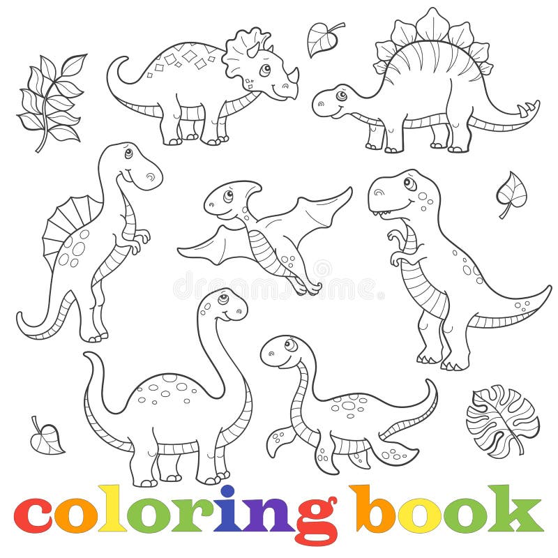 conjunto de dinossauros pré-históricos dos desenhos animados, livro de  colorir para crianças, ilustração de contorno 8945616 Vetor no Vecteezy