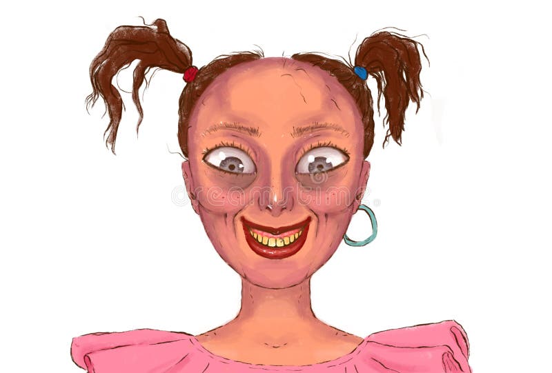 Ilustração De Uma Menina Feia Com Olhos Enormes Dentes Amarelos E