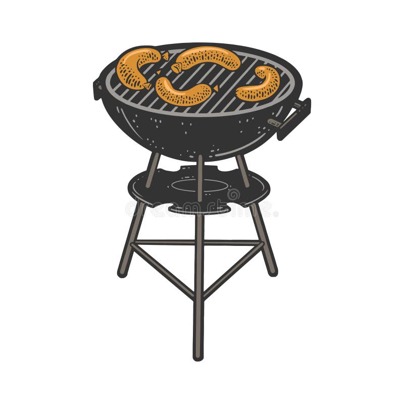 Frescamente Grelhado, Salsicha De Carne Processada De Churrasco, Ilustração Vetorial Estilo Esboço No Fundo Branco. Desenho Realista Da Mão De Salsicha Alemã Grelhada, Fritada Em Fogo Aberto, Churrasco, Comida De Piquenique Royalty