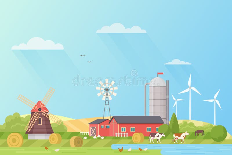 Conceito isométrico do modelo da fazenda 3d rural com moinho, parque do  jardim, árvores, veículos agrícolas, casa do fazendeiro e jogo ou  ilustração da estufa.