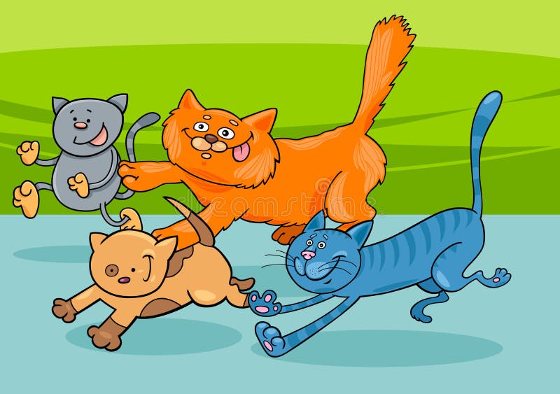 Grupo De Gatos Na Ilustração De Desenho Animado No Parque Ilustração do  Vetor - Ilustração de doméstico, exterior: 169212171